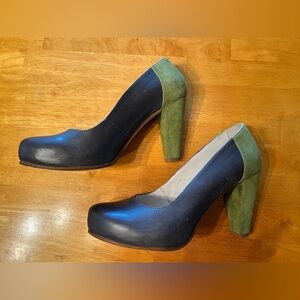 Gray and Green Block Heel Pumps with Platform Sole